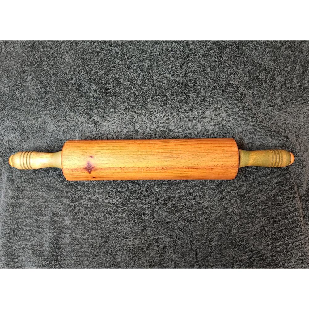 Vintage Hardwood Rolling Pin w/Green Grooved Turning Handles  Circa 1950s-1960s